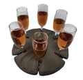 Gray leather wine glass holder with six stemless glass cups