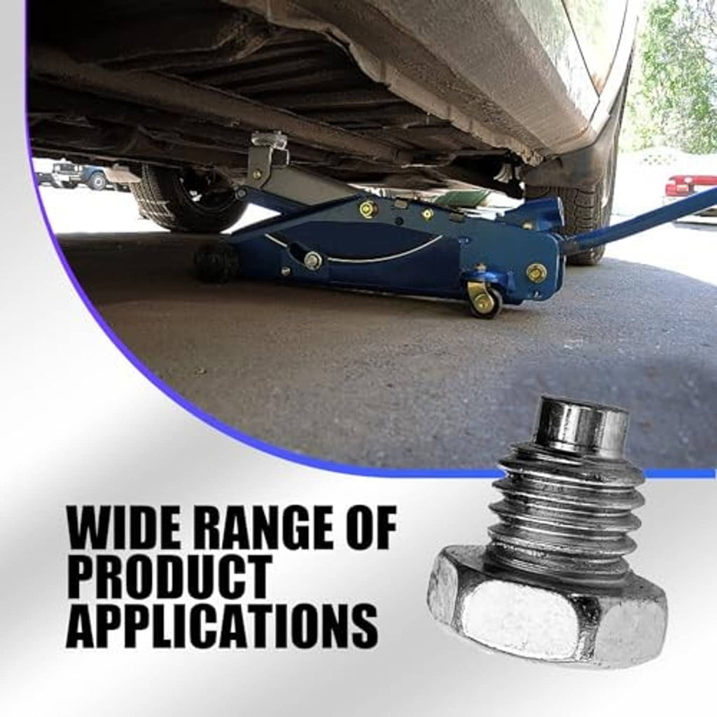 Hex-head threaded screw on floor jack underside, near vehicle lift mechanism