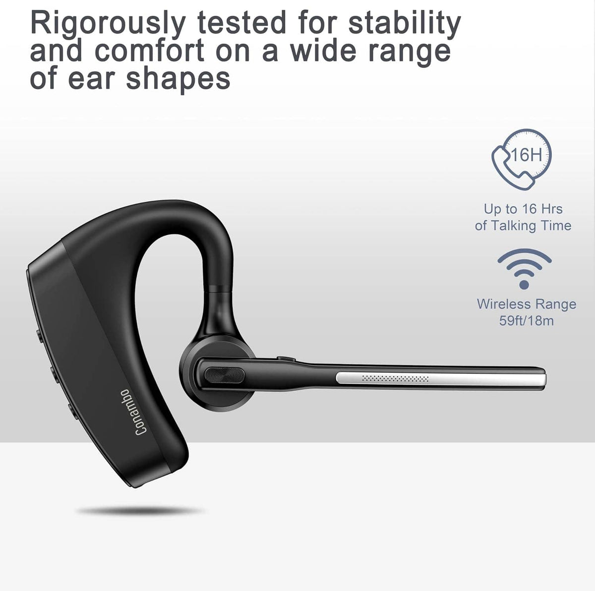Black Bluetooth headset earpiece with charging case and charging dock