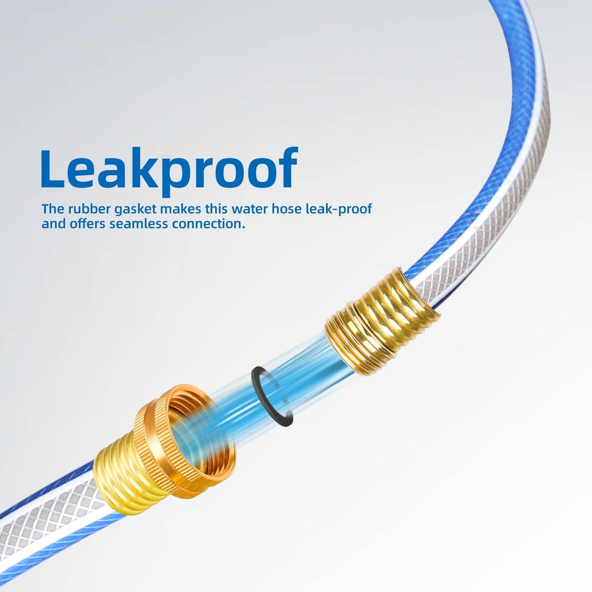 Blue garden hose segment with brass connector and rubber gasket at join