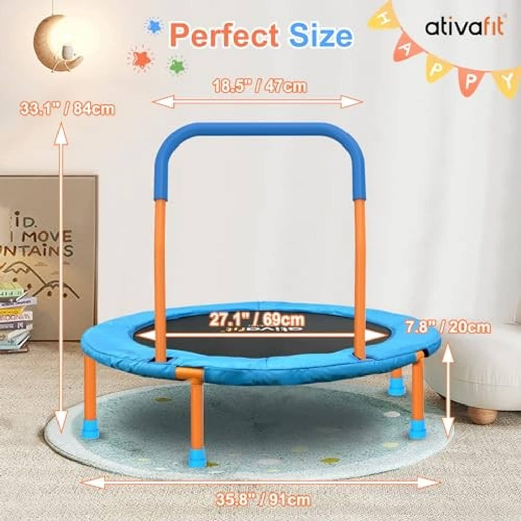 Foldable toddler trampoline with blue mat and orange frame, shown with handlebar top