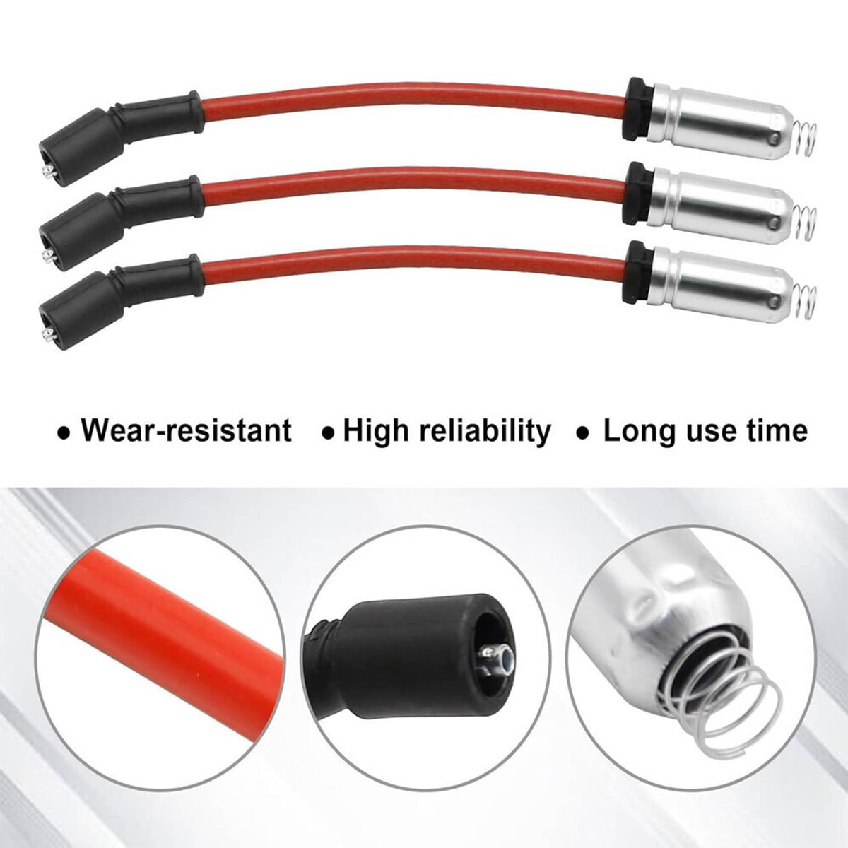 Three red ignition wires with black boots and silver terminals, with end detail views.