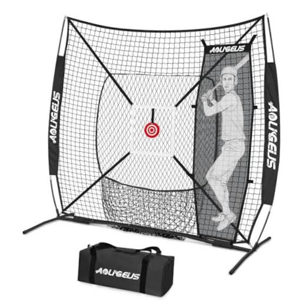 Black 6x6 practice net with grid, target, and gray dummy batter frame set