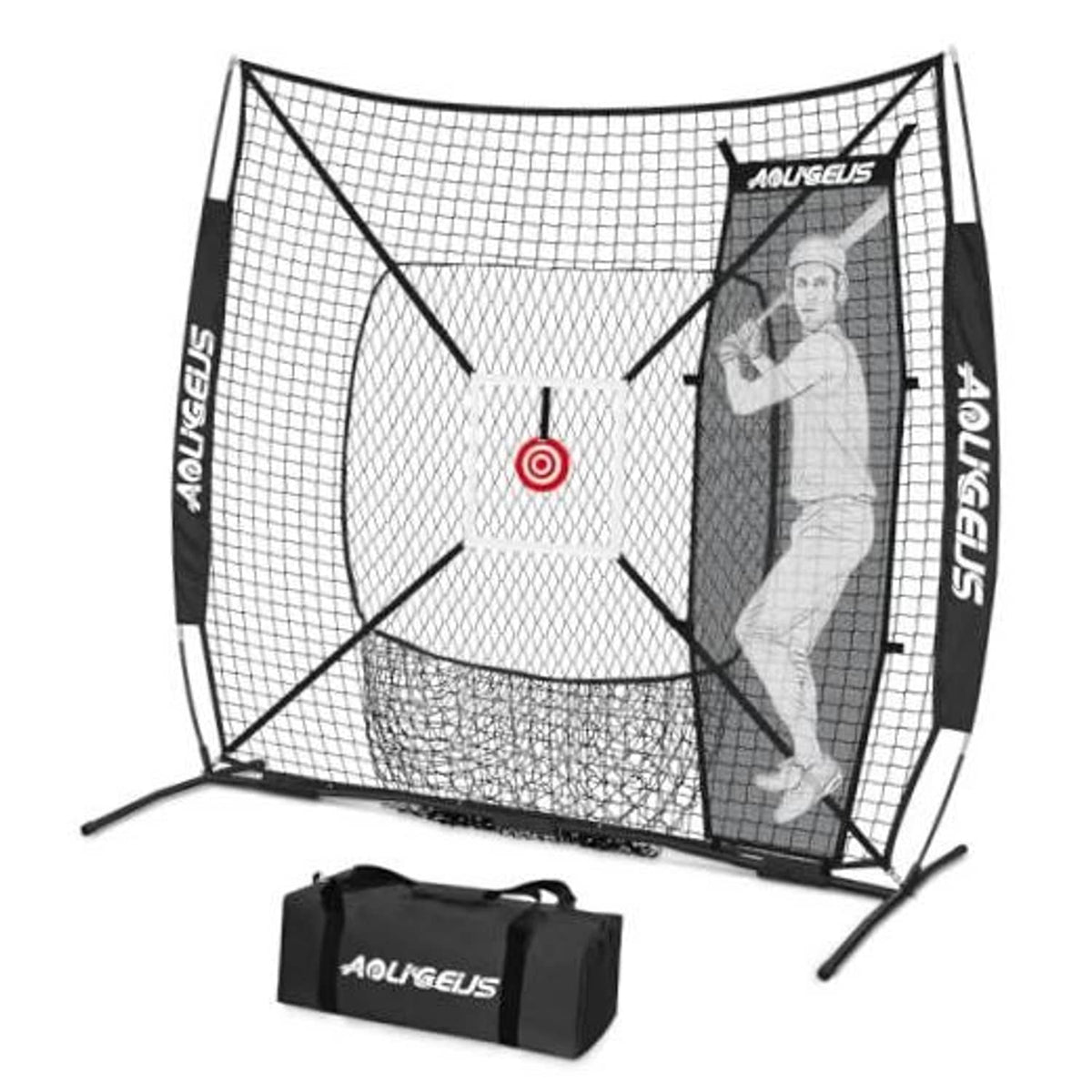 Black 6x6 practice net with grid, target, and gray dummy batter frame set