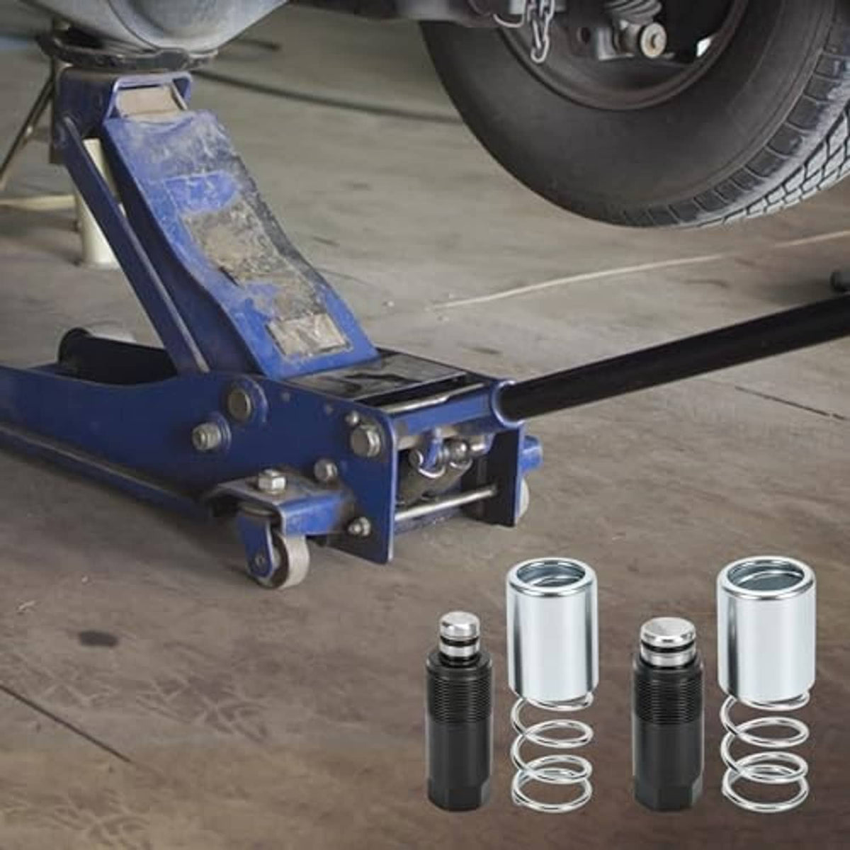 Blue floor jack with piston plunger replacement cylinders and spring seal parts
