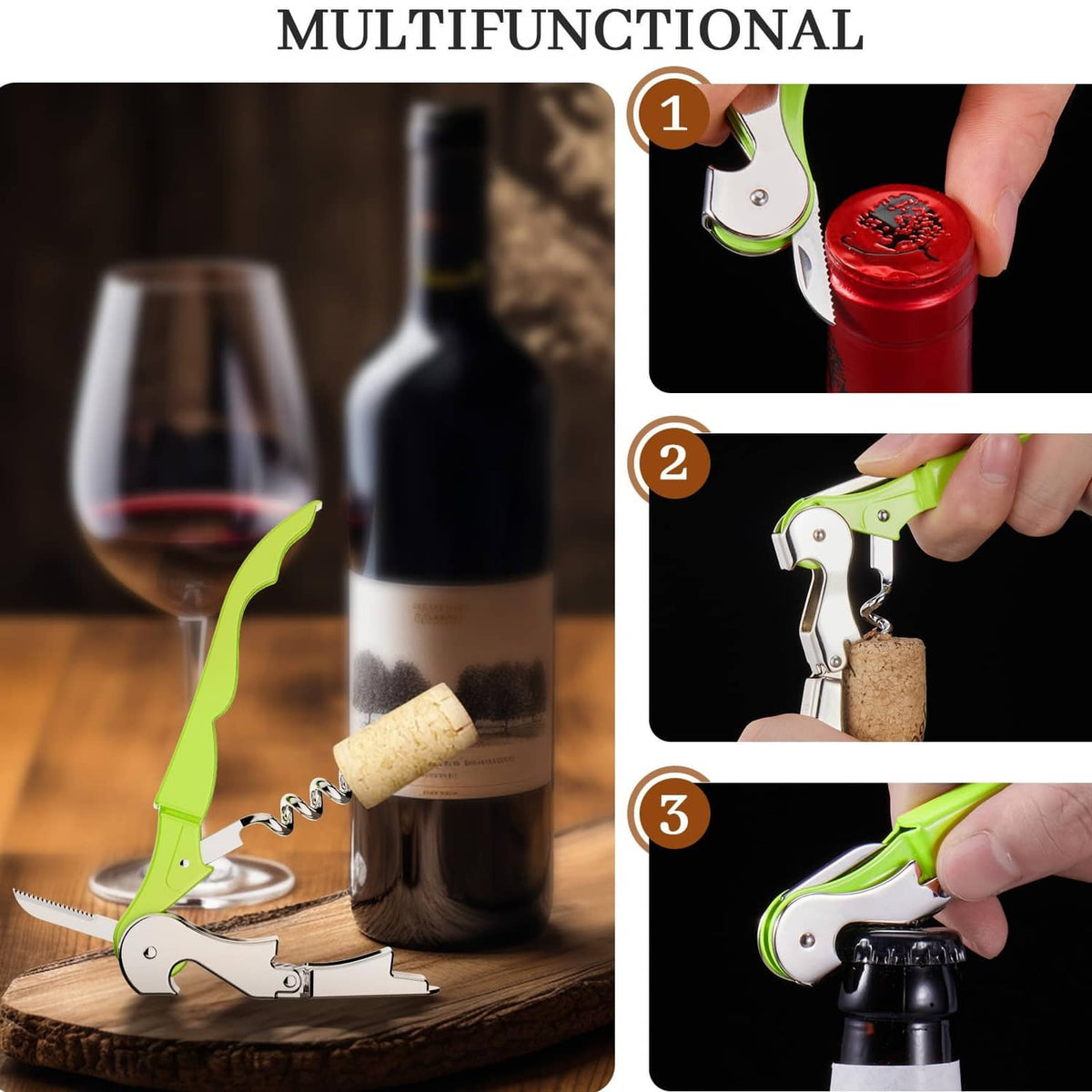 Lime green wine corkscrew key showing multi-step use: cork removal and bottle opening.