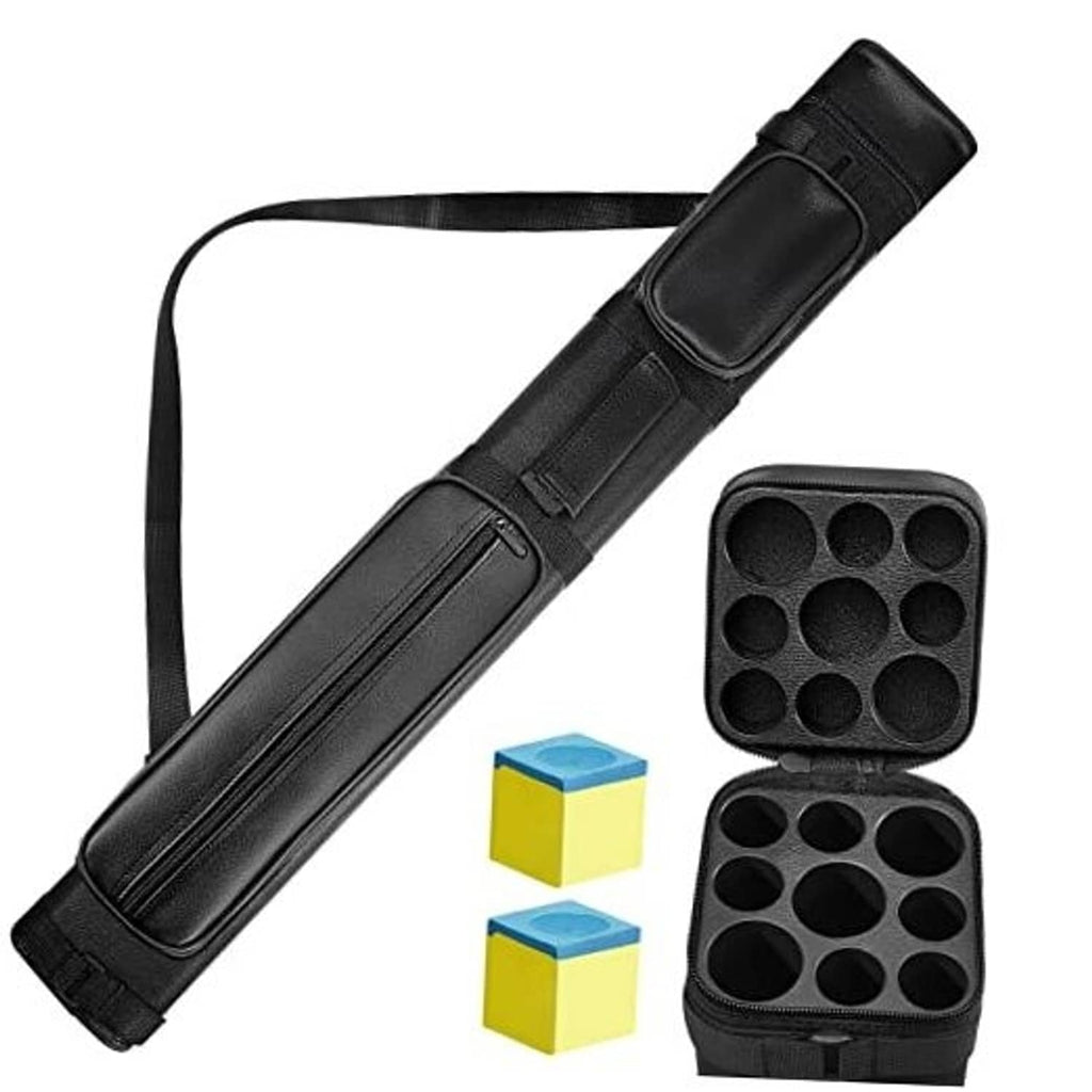 Black hard billiard cue case with long storage sleeve and shoulder strap
