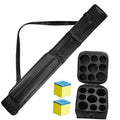 Black hard billiard cue case with long storage sleeve and shoulder strap
