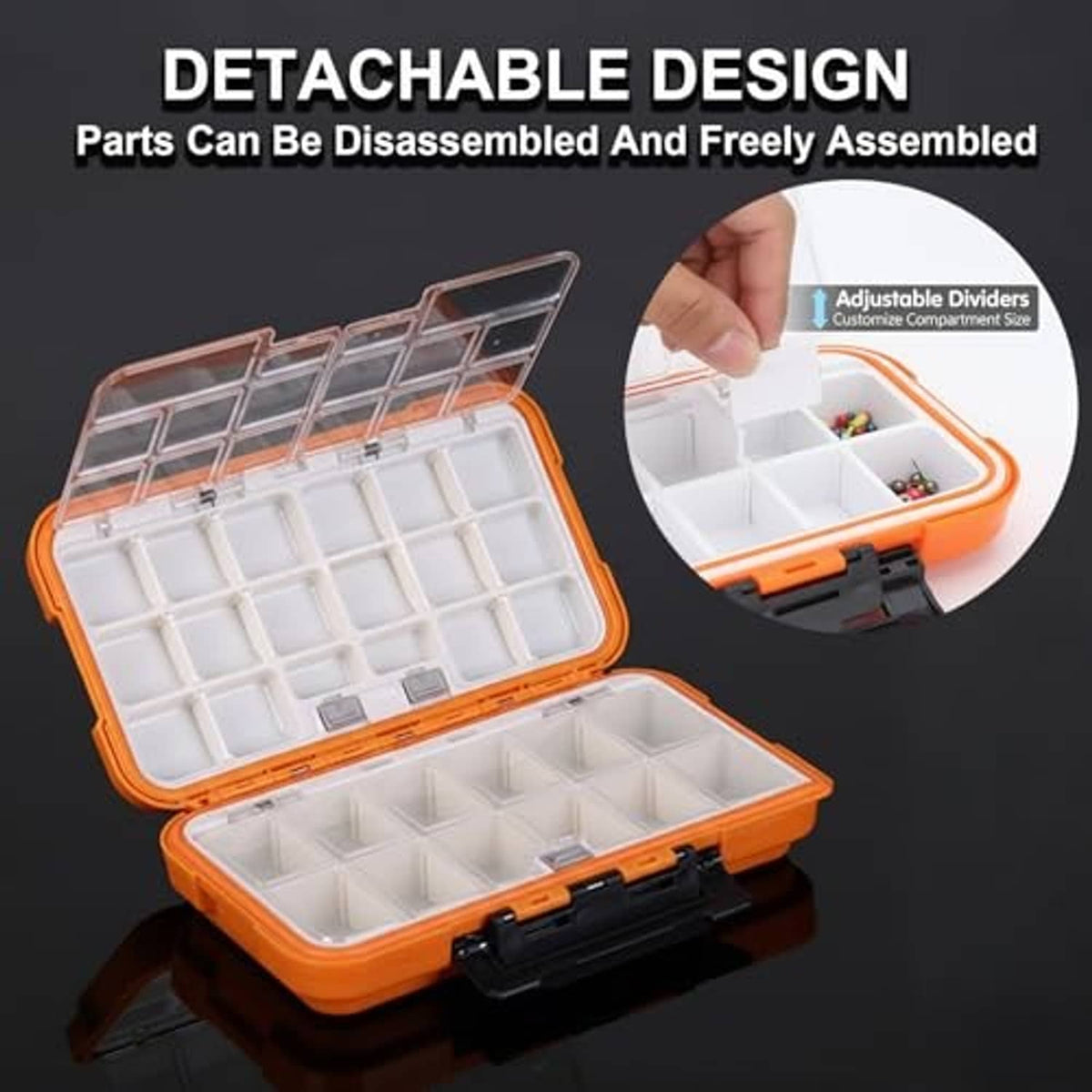 Orange mini tackle box with detachable parts and adjustable divider tray, hinged case
