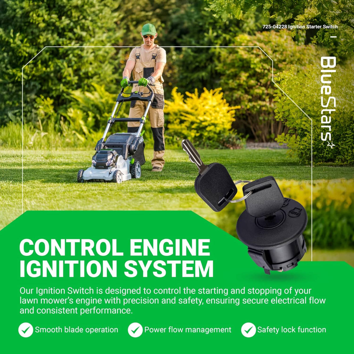 BlueStars ignition switch with two keys on a lawn mower, black housing