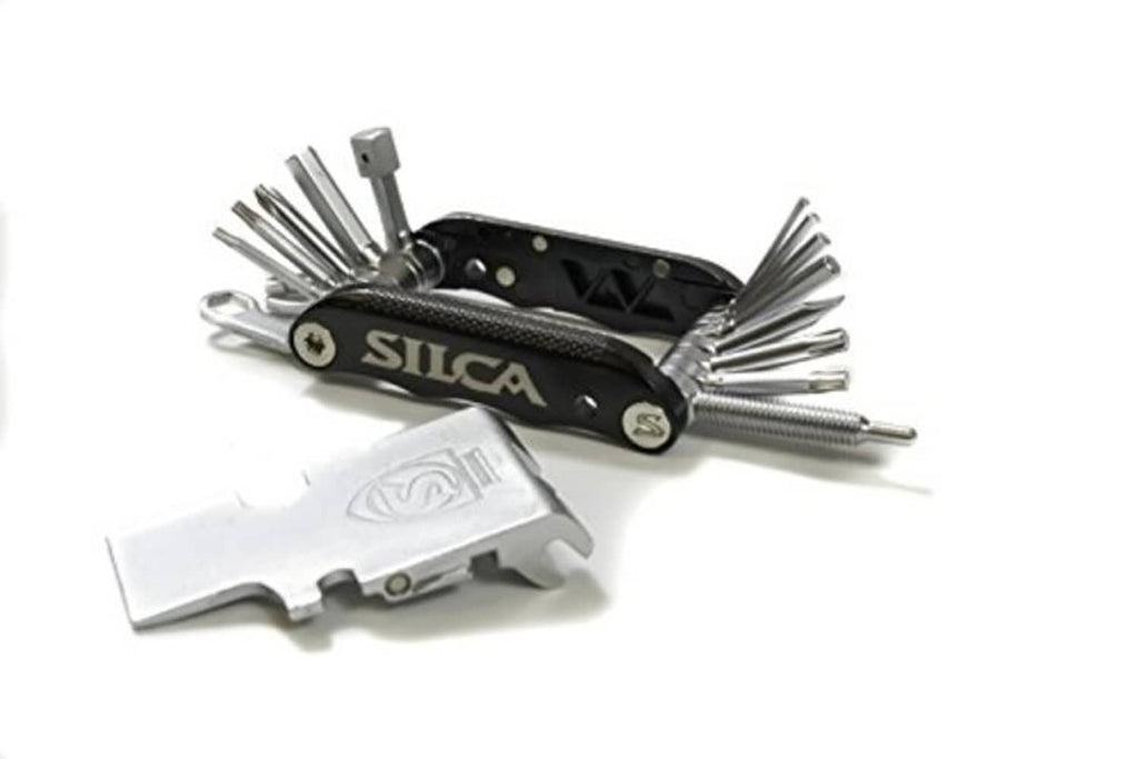 SILCA multi-tool with black handle and open tools, including silver flat blade attachment