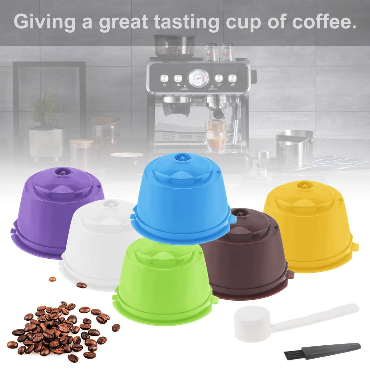 Six reusable coffee capsule lids in purple, blue, green, brown, yellow, and white