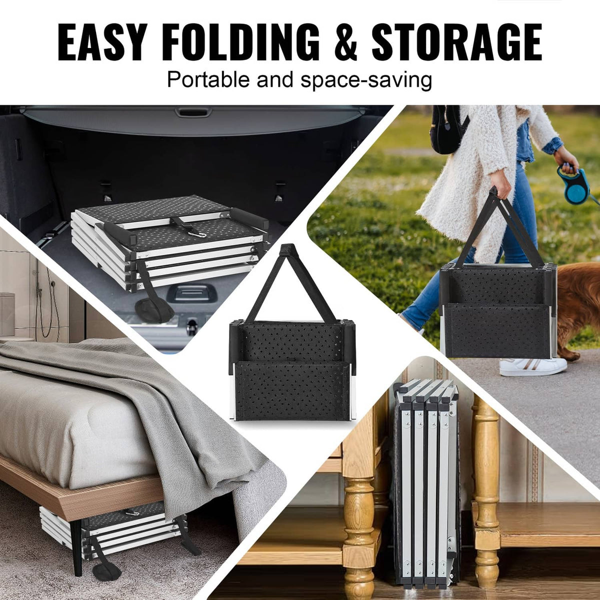 Folding 4-step dog stairs for cars with aluminum frame, black textured steps, storage case