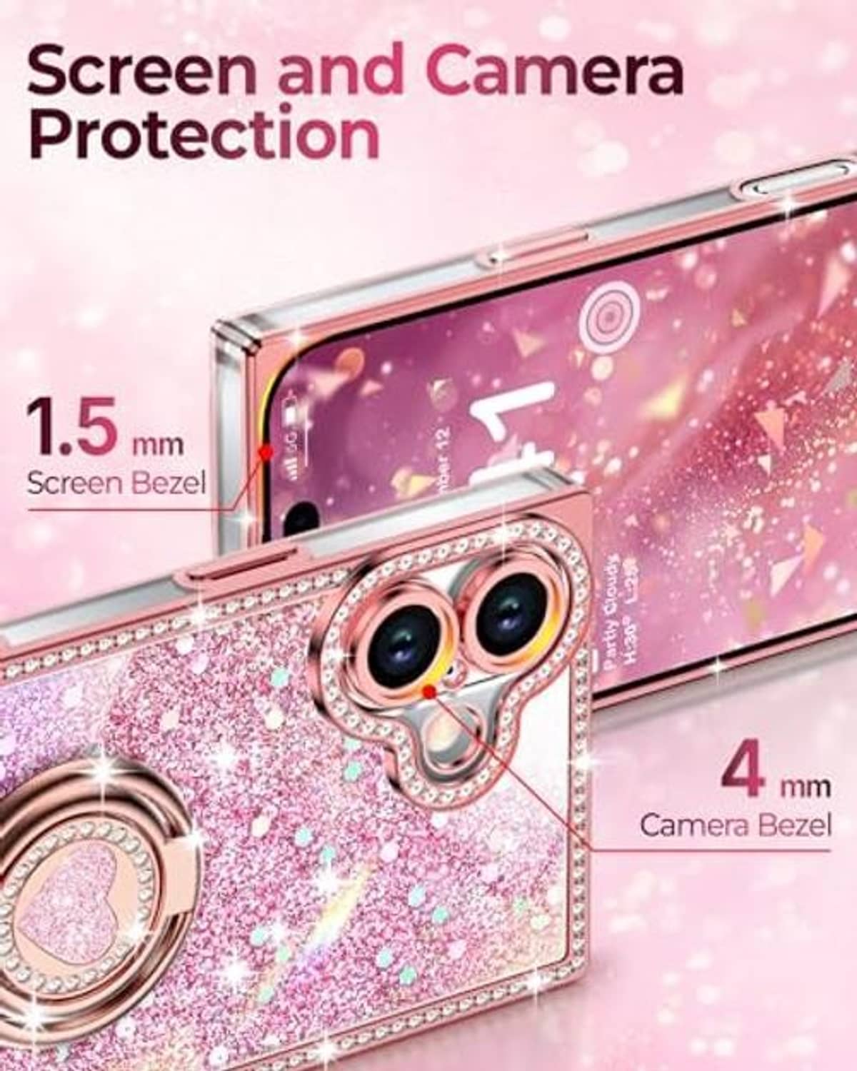 Pink glitter phone case with heart ring holder and camera bezel protection