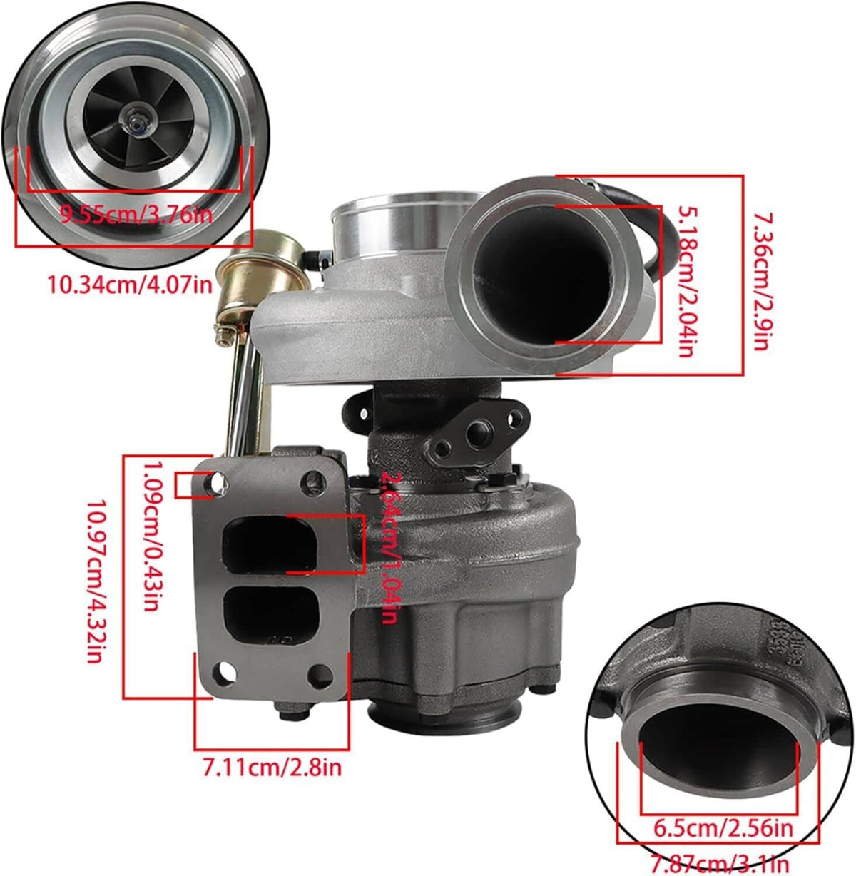 HX35W turbocharger with compressor and turbine housings, inlet and outlet openings shown