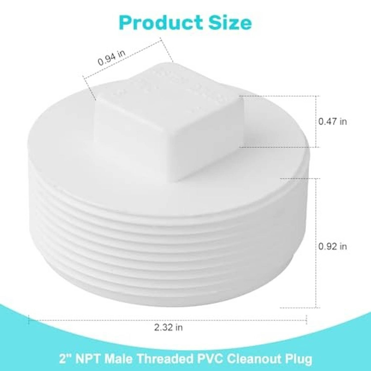 White PVC sewer cleanout plug with square top and ribbed threaded rim, close-up