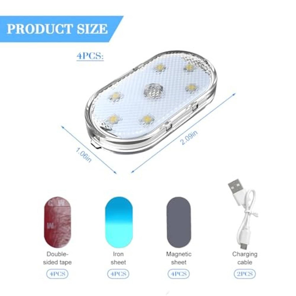 Oval LED car interior light module with switch, four-pack size diagram and charging cable