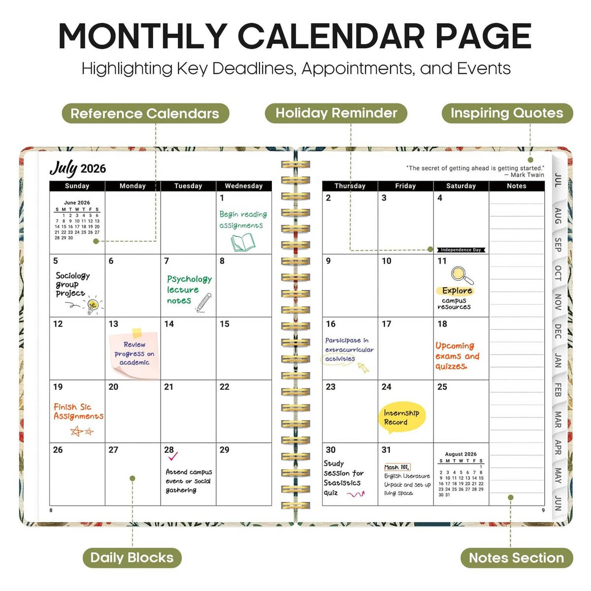 Taja Planner 2026-2027 monthly calendar page with key deadlines and notes section