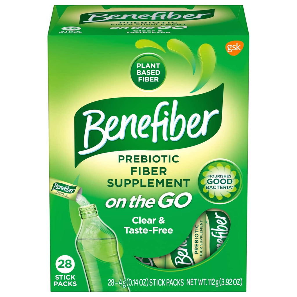 Prebiotic fiber supplement box with green packaging and 28 stick packs