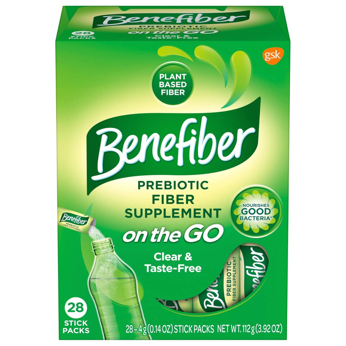 Prebiotic fiber supplement box with green packaging and 28 stick packs