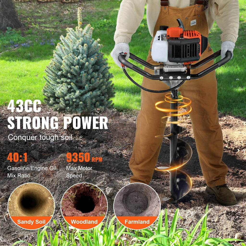 Gas earth auger drill with orange engine, spiral bit, and user wearing work gloves