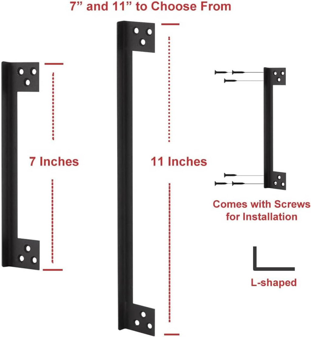 Matte black L-shaped door latch guard plate sizes 7 in and 11 in with screw holes.