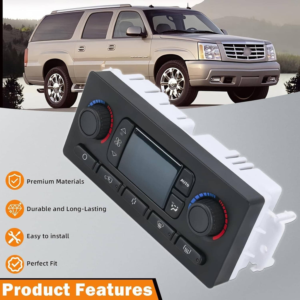 Climate control module with black faceplate, dual temperature dials, and control buttons