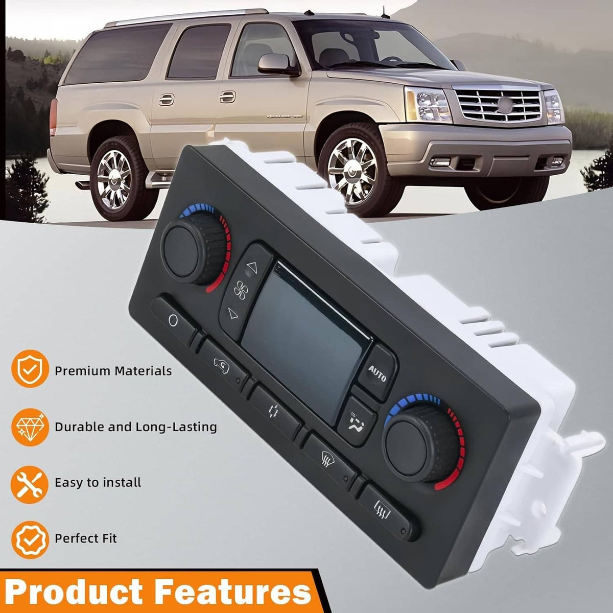 Climate control module with black faceplate, dual temperature dials, and control buttons