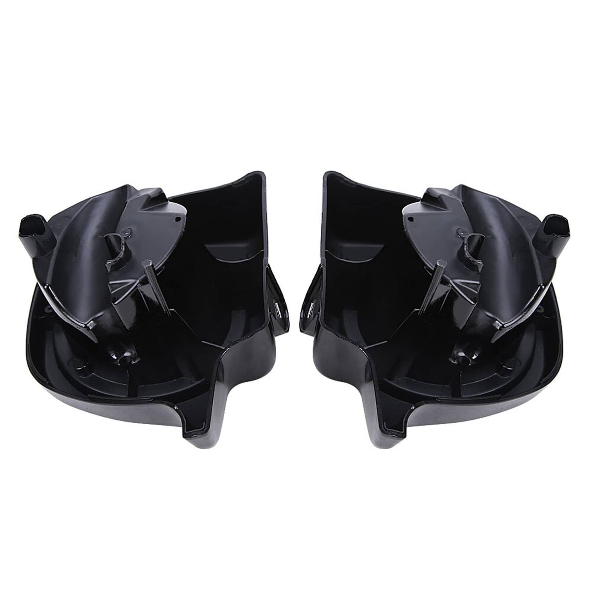 Rear view of a pair of glossy black speaker pod lower fairings with mounting tabs