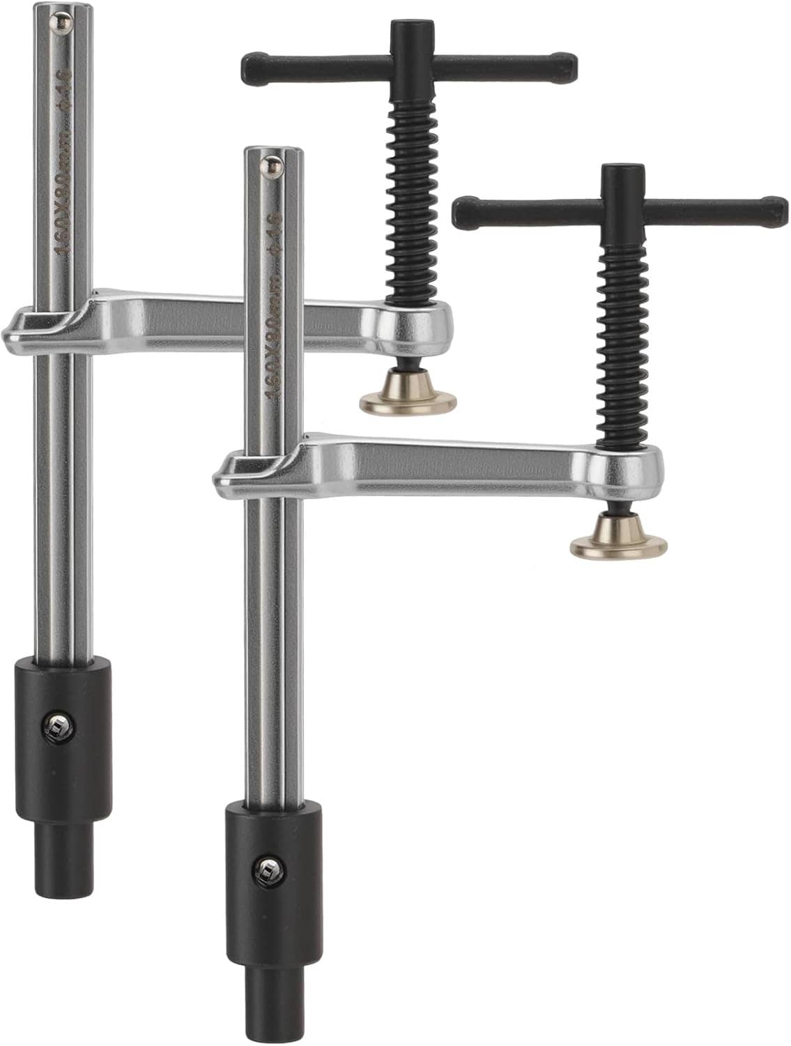 Adjustable welding table clamp set with steel bars, threaded screws, and black grips