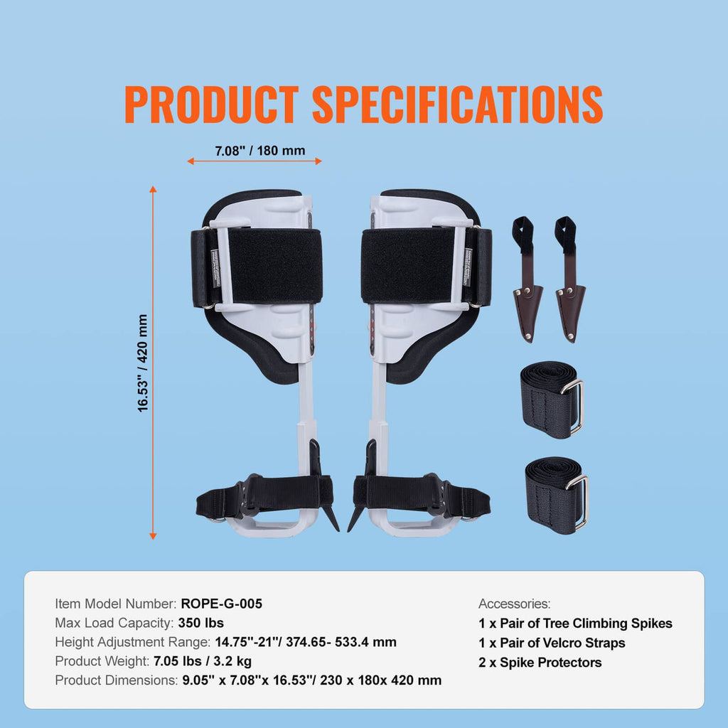Tree climbing spurs kit: two leg frames, black pads, straps, spike protectors, and webbing