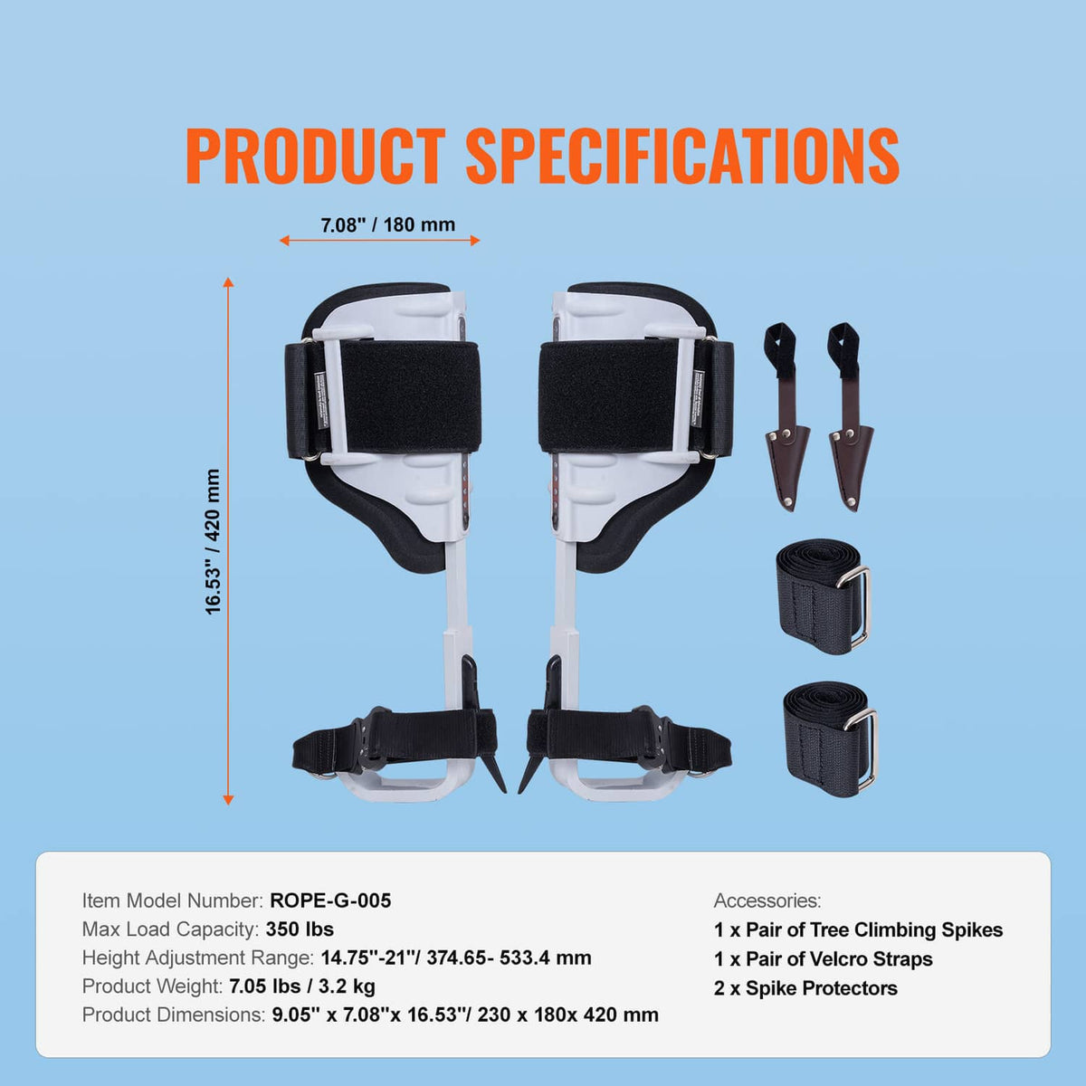 Tree climbing spurs kit: two leg frames, black pads, straps, spike protectors, and webbing