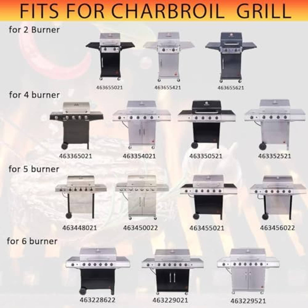 Burner replacement compatibility chart for different Charbroil grill burner counts