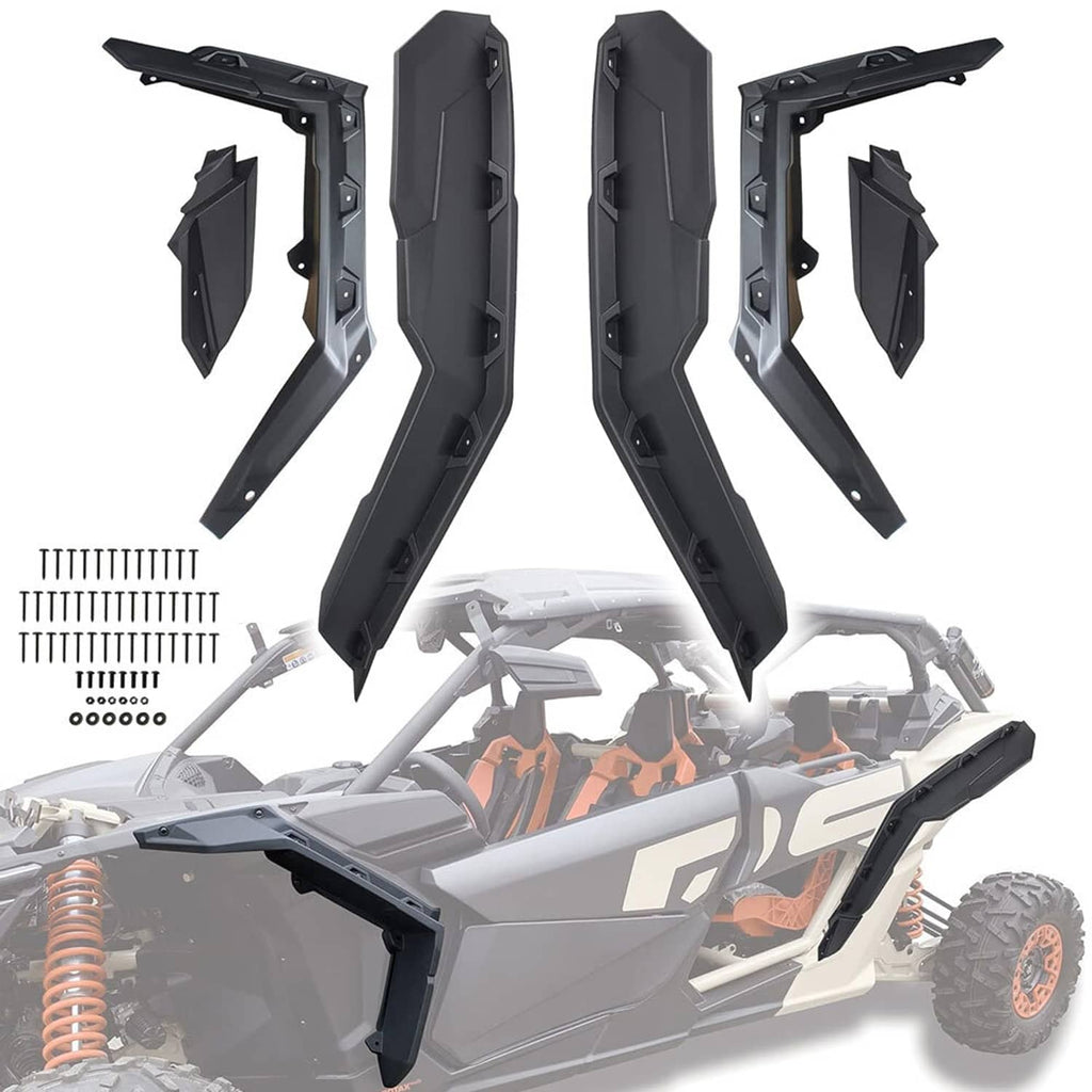 Extended black fender flare set with multiple panels and mounting hardware