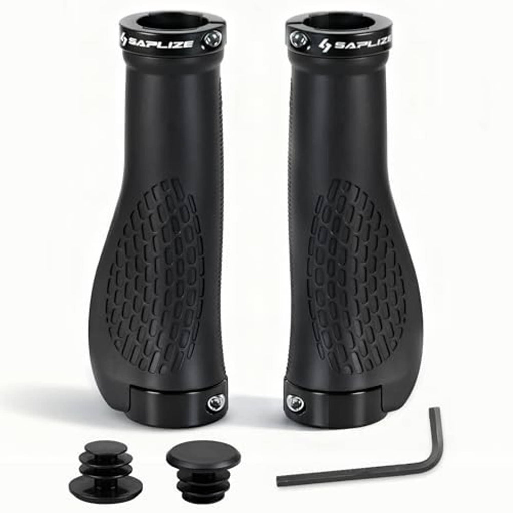 Black bike handlebar grips with textured tread, plastic end caps, and hex key included