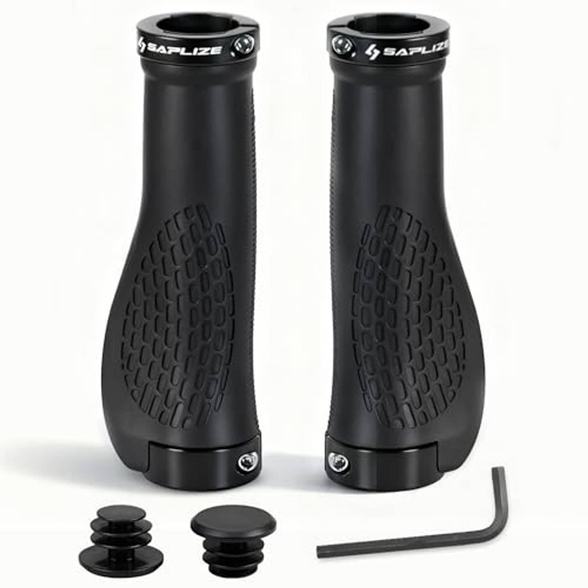 Black bike handlebar grips with textured tread, plastic end caps, and hex key included