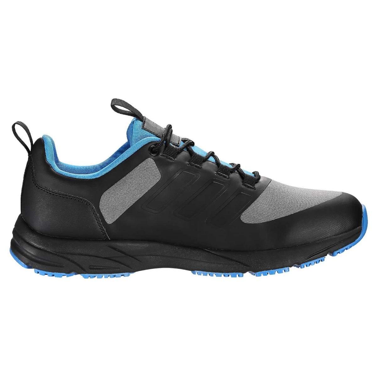 Black and gray cross-training sneakers with blue accents, lace-up, padded collar