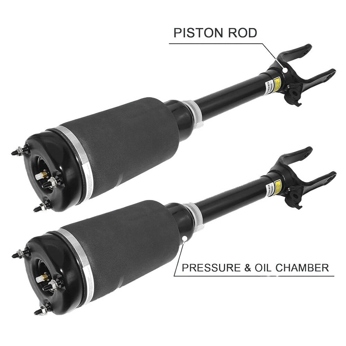 Pair of front air suspension struts with black bellows and fork mounts