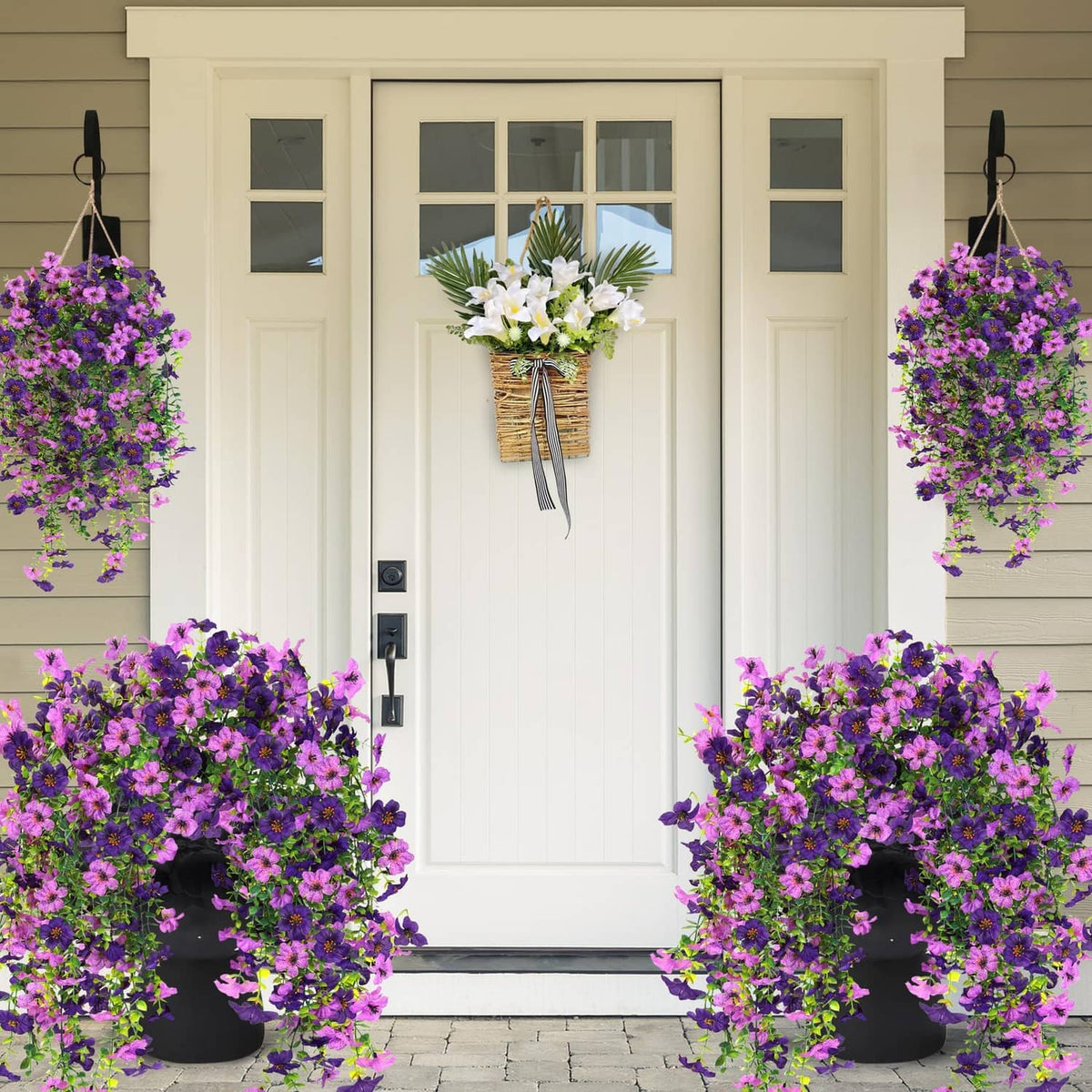 Two purple and magenta artificial hanging flower baskets for front door decor