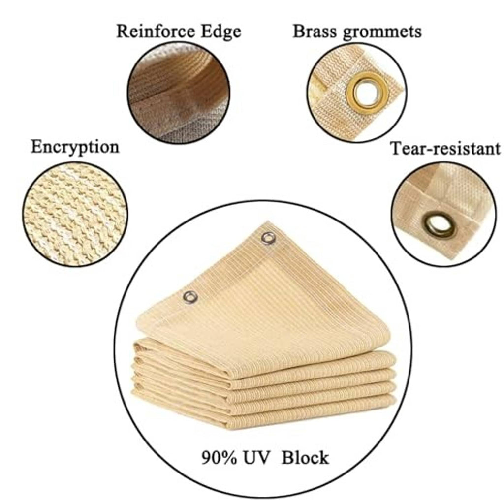 Beige UV shade mesh with reinforced edge and brass grommets in a stacked folded panel