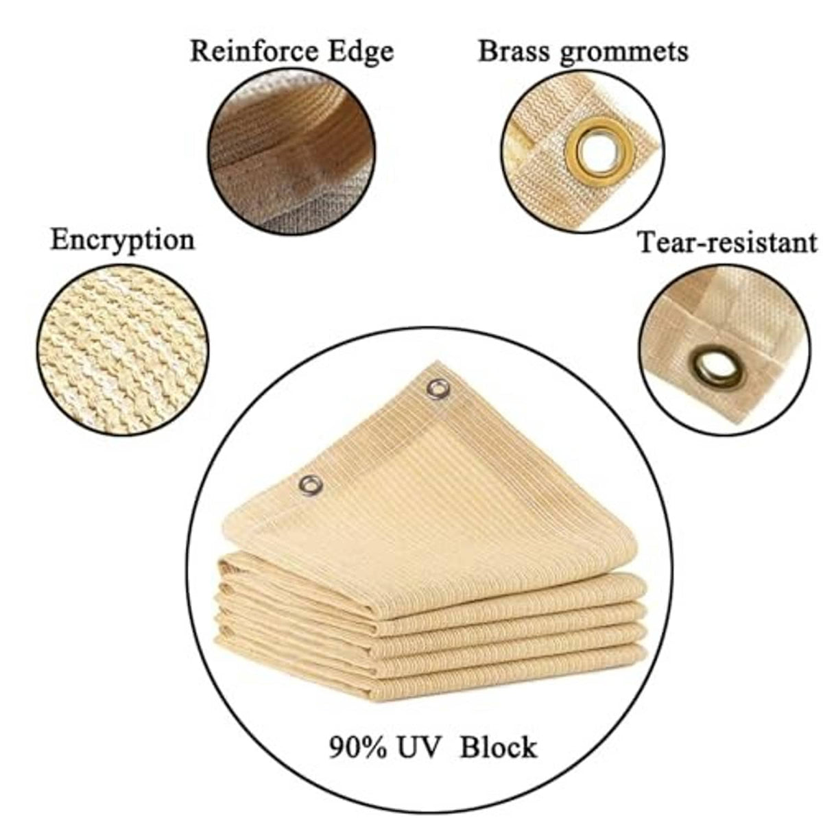 Beige UV shade mesh with reinforced edge and brass grommets in a stacked folded panel