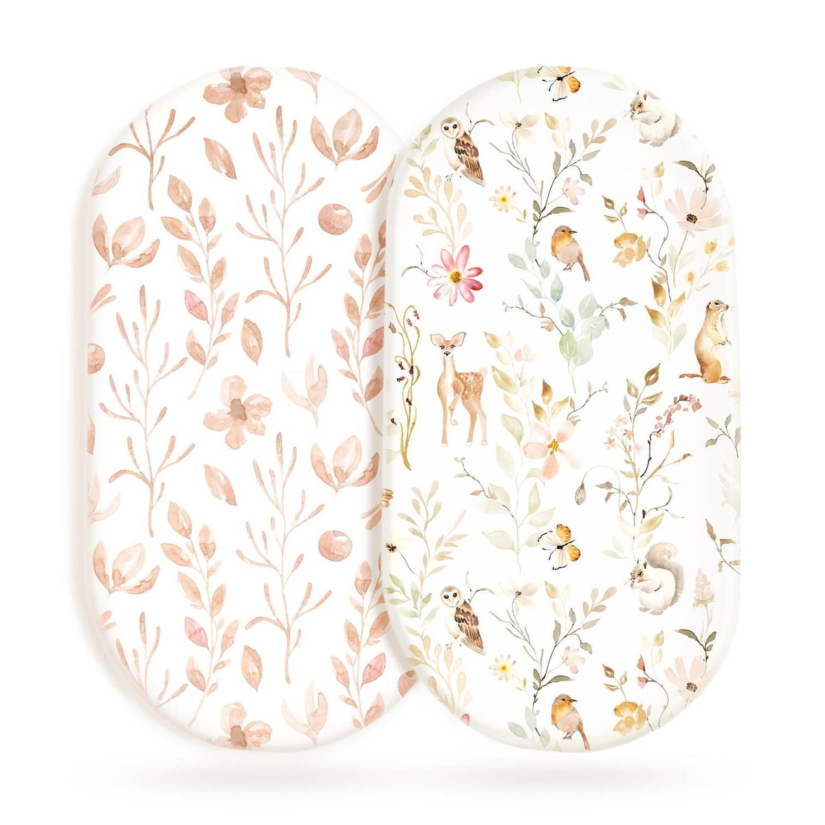 Set of two fitted bassinet sheets in blush floral woodland print