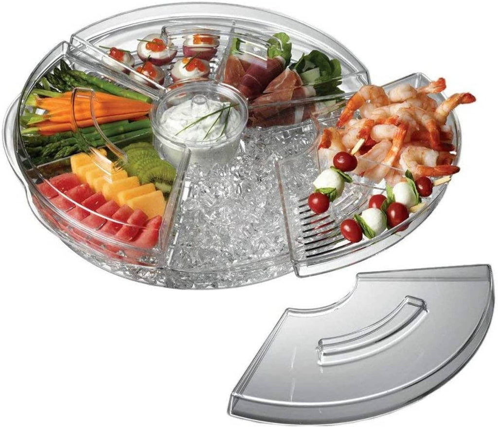 Clear 16-inch appetizer on-ice tray with compartments and gray lid pieces