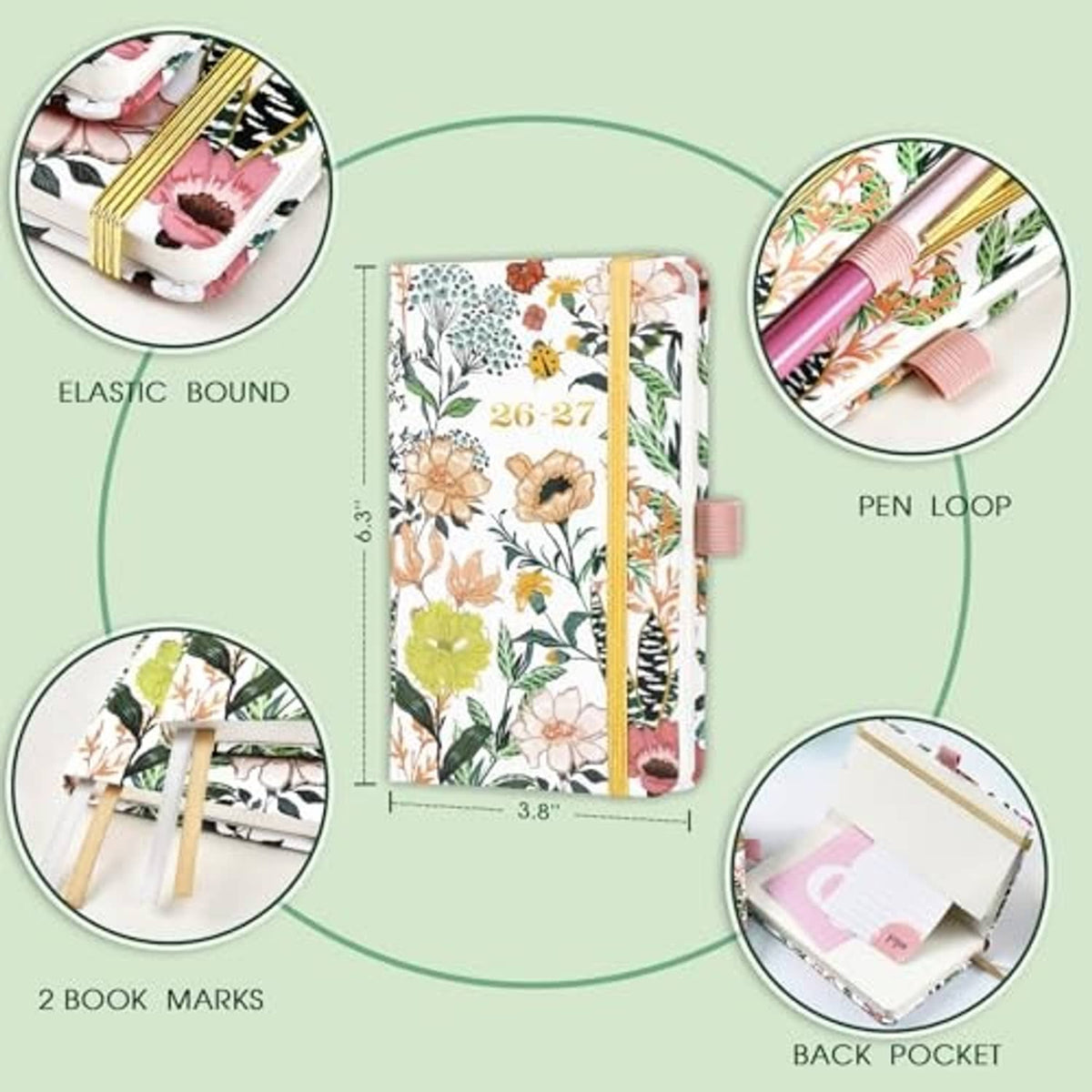 Floral pocket planner with elastic binding, pen loop, back pocket, and two book marks