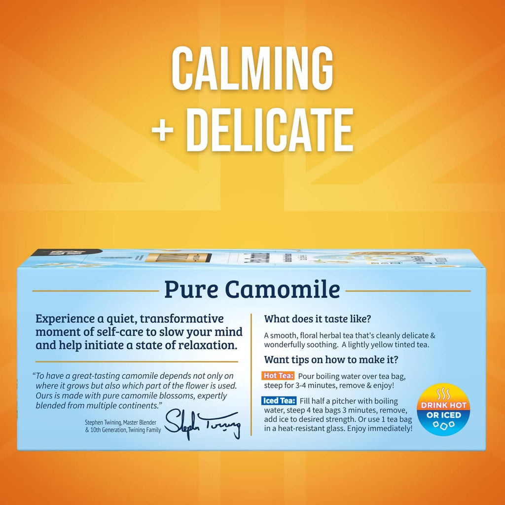 Pure Camomile tea bag box back panel with tasting and brewing instructions