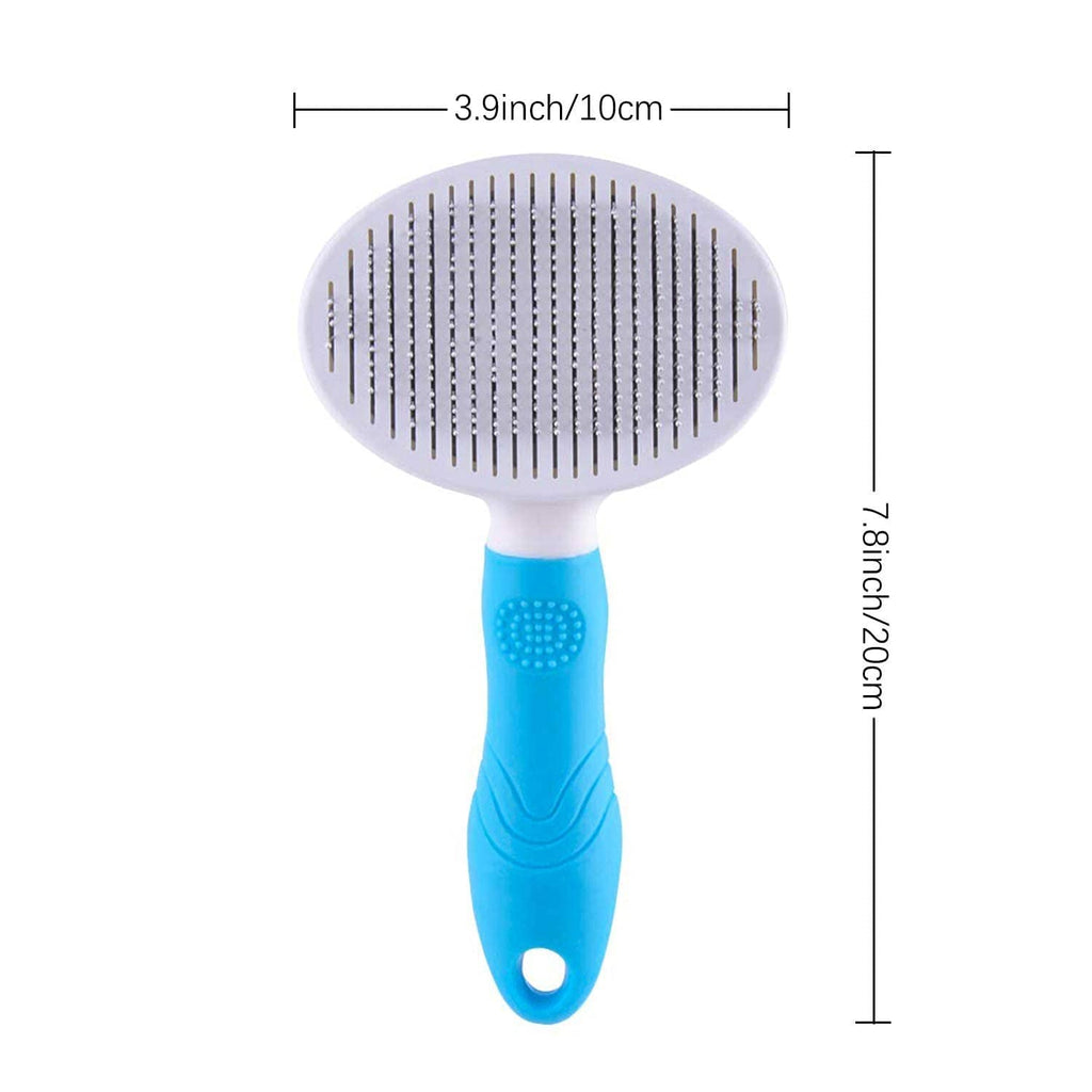 Blue-and-white self-cleaning slicker brush with oval bristle head and thumb hole handle