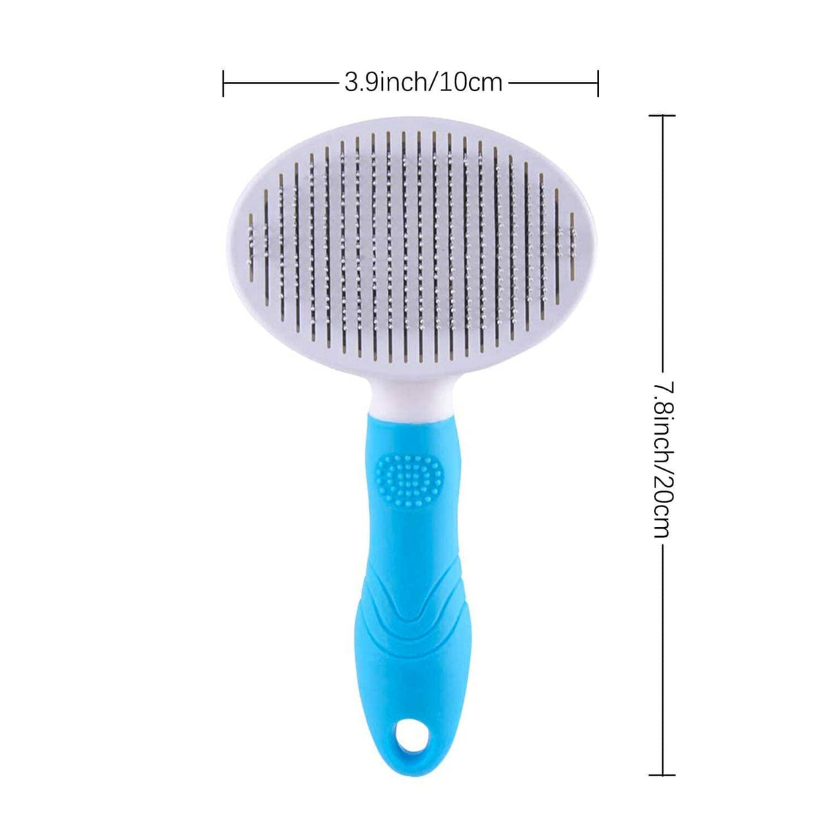 Blue-and-white self-cleaning slicker brush with oval bristle head and thumb hole handle