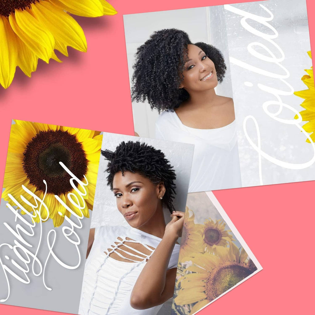Woman with natural black curls styling her hair, white lace-cut top