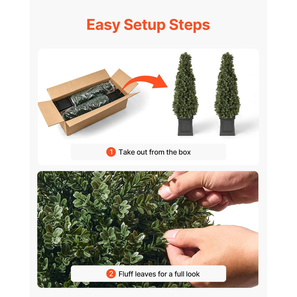 Artificial boxwood topiary set, dark green cone trees with hands fluffing leaves