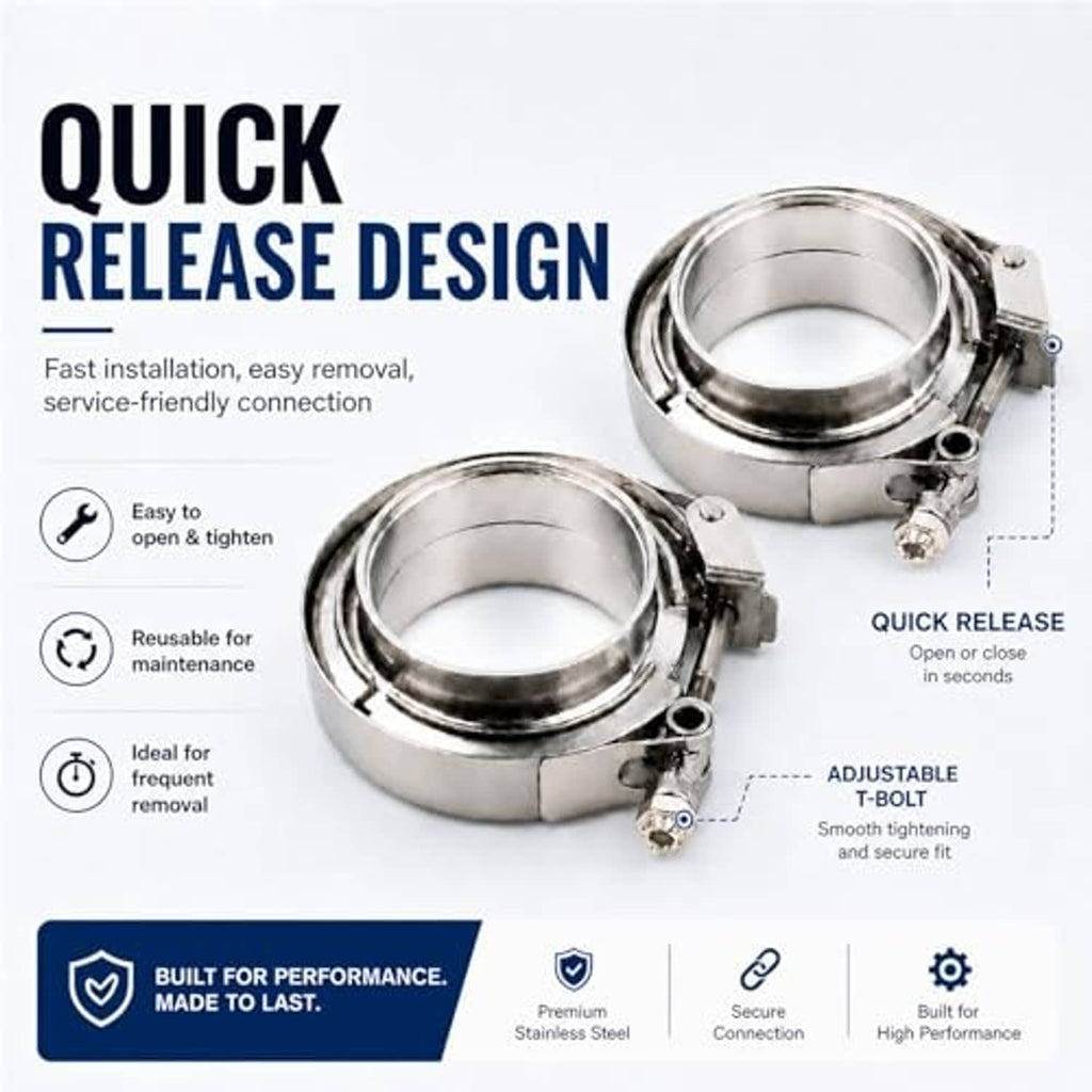 Stainless steel quick-release V-band clamp with hinged band and circular flanges